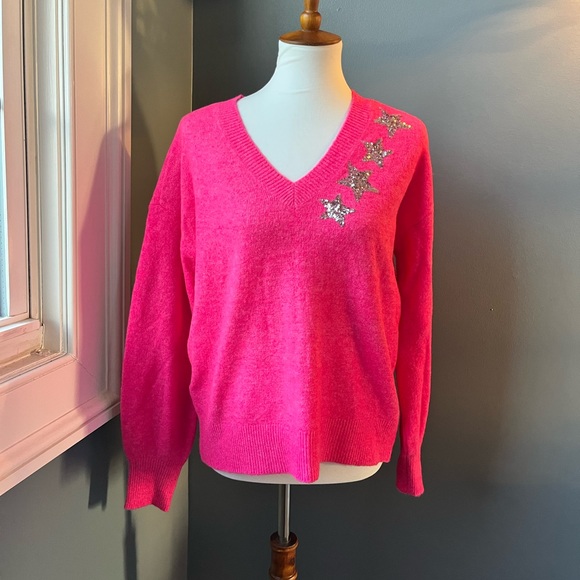 Ann Taylor Loft Pink Shimmer Star V Neck Sweater - Picture 4 of 6